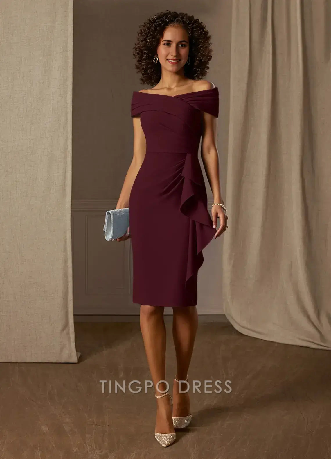 TingPo Wholesale Elegant Mother of the Bride Dresses Cabernet Sheath Pleated Crepe Dress hot sale for ladies